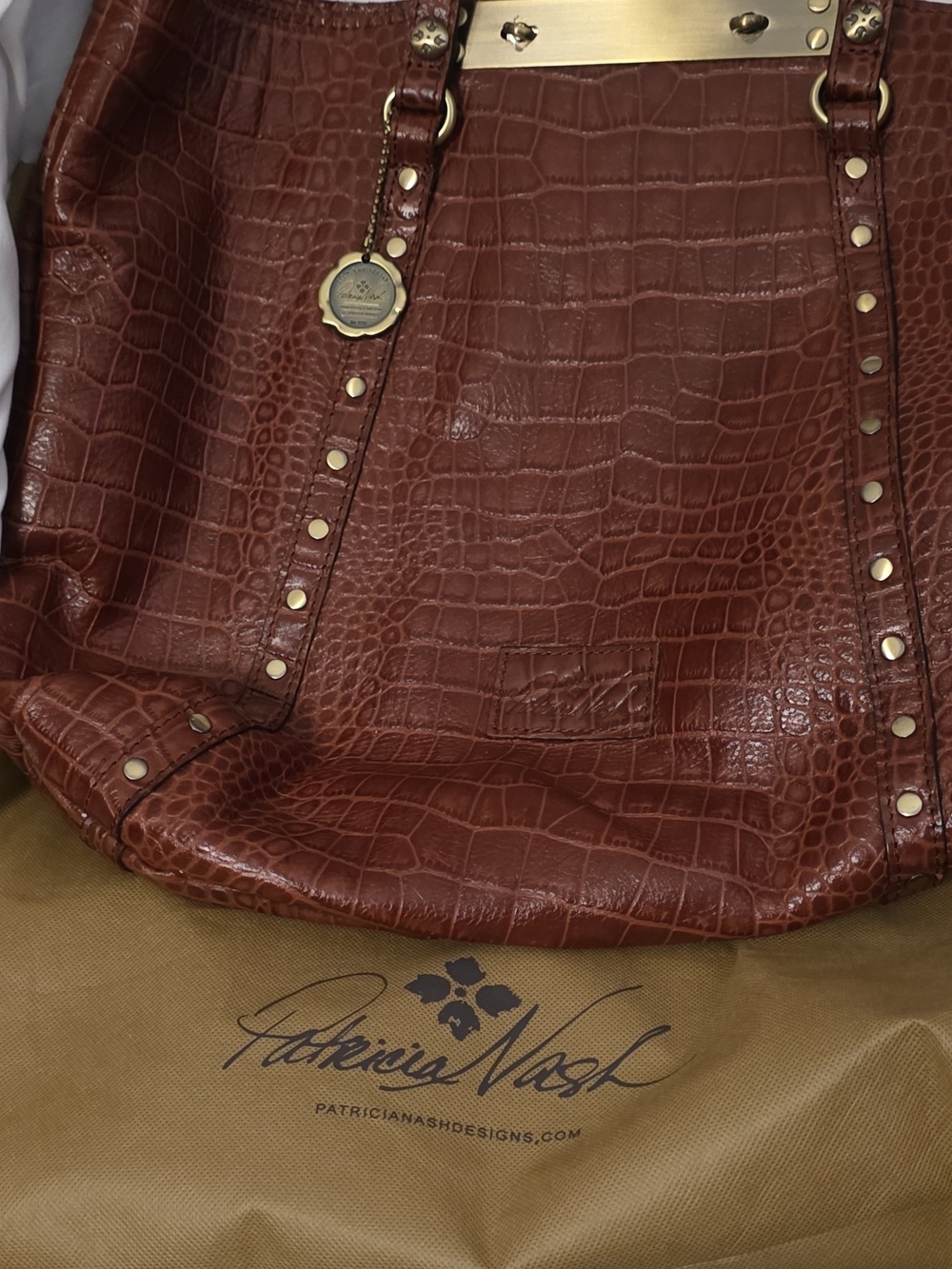 Patricia Nash Cognac Croc-Embossed Leather Tote with Gold Accents
